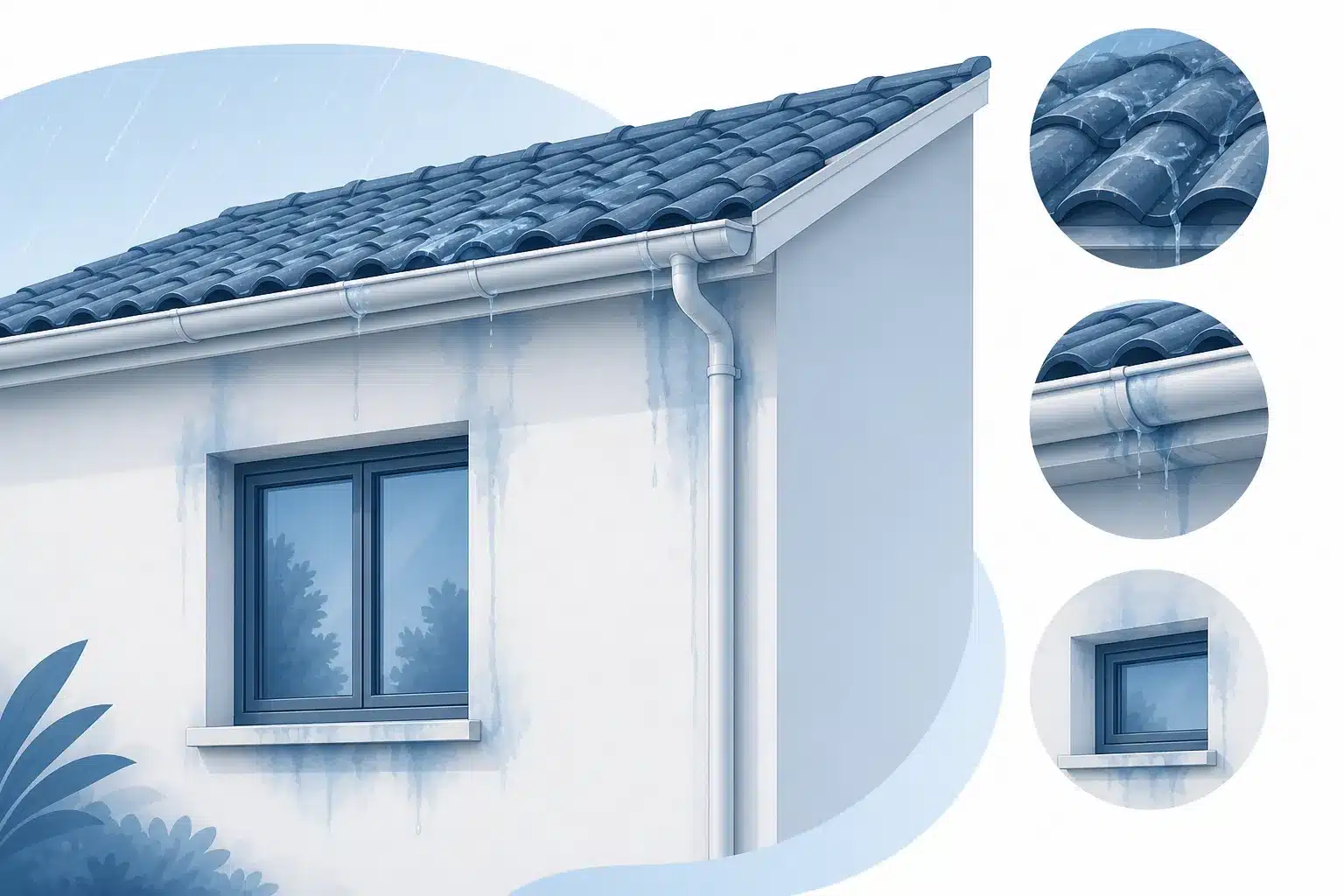Infiltrations d eau de pluie sur la facade et la toiture d une maison