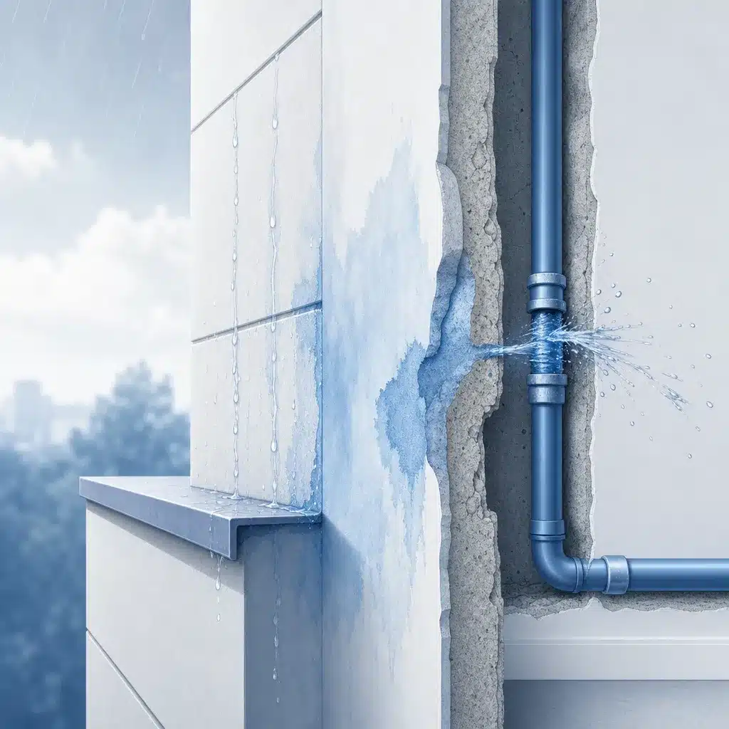 Infiltration a travers une facade et fuite de canalisation encastree