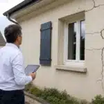 Expert analysant des fissures sur la facade d une maison