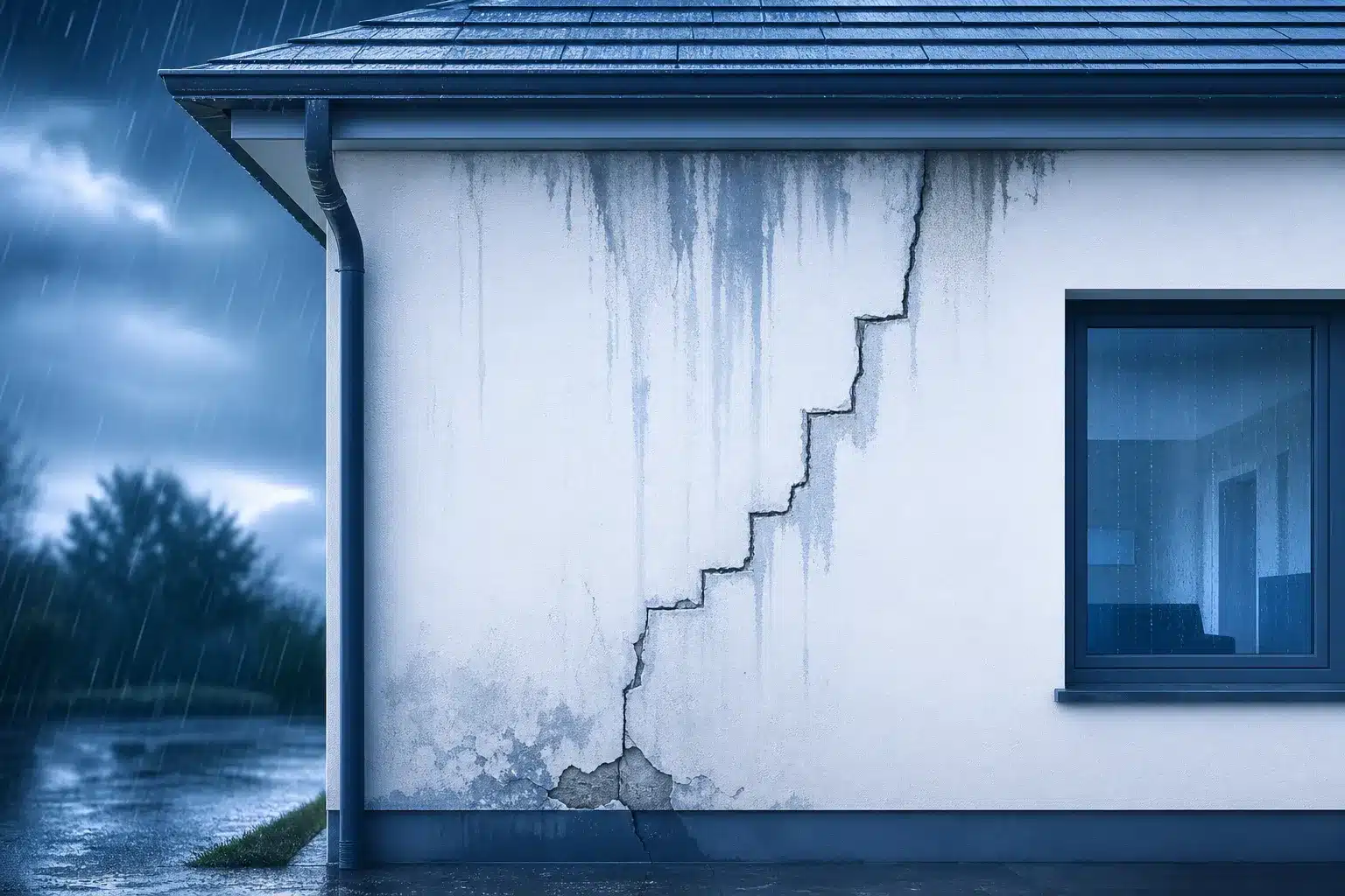 Facade sous la pluie avec infiltration et fissure influence du climat