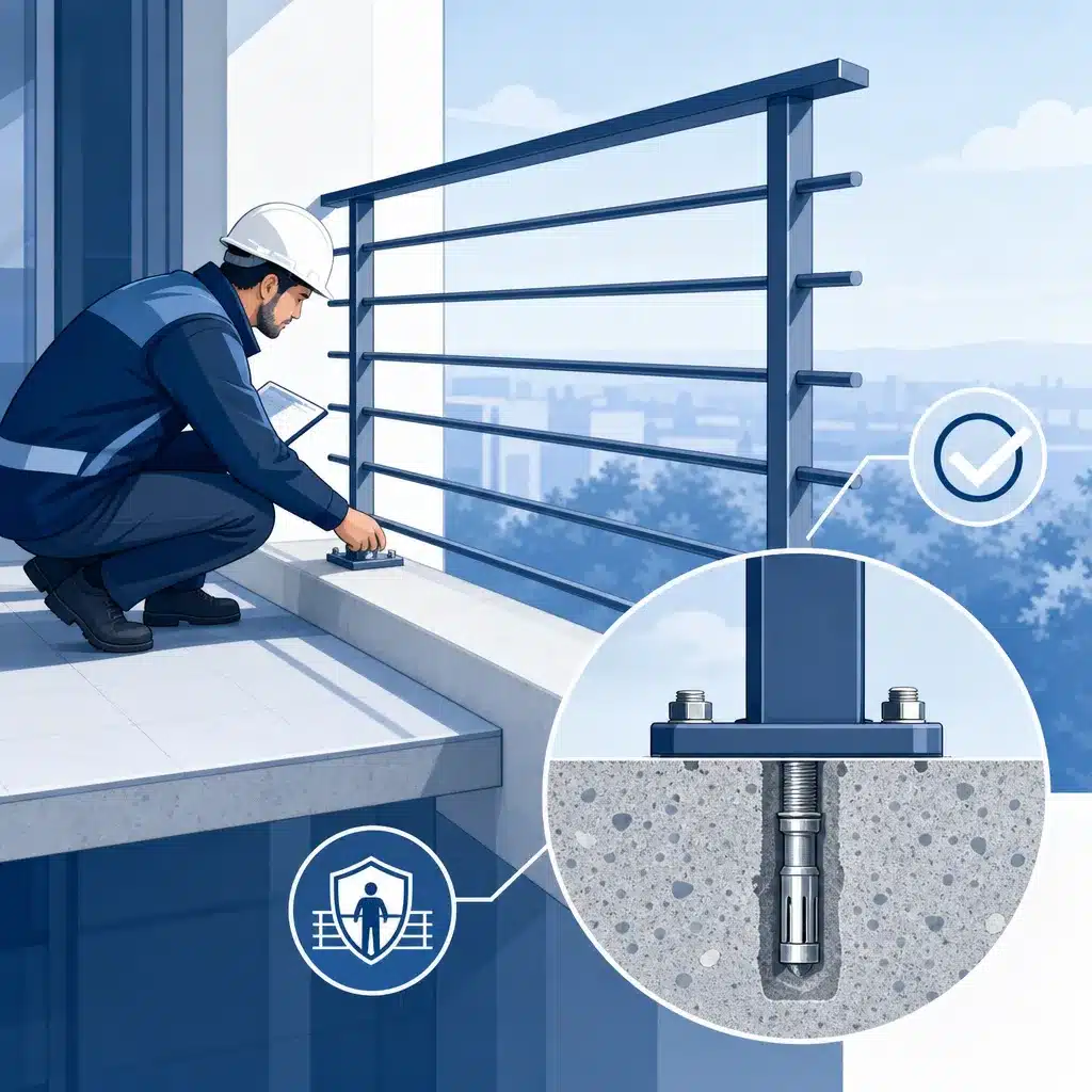 Garde-corps metallique de balcon dont les fixations et le scellement sont inspectes