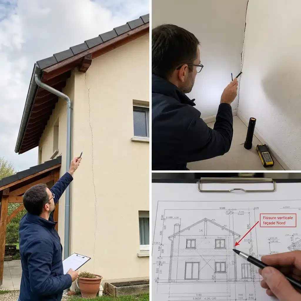 Expert inspectant et localisant un desordre sur un batiment