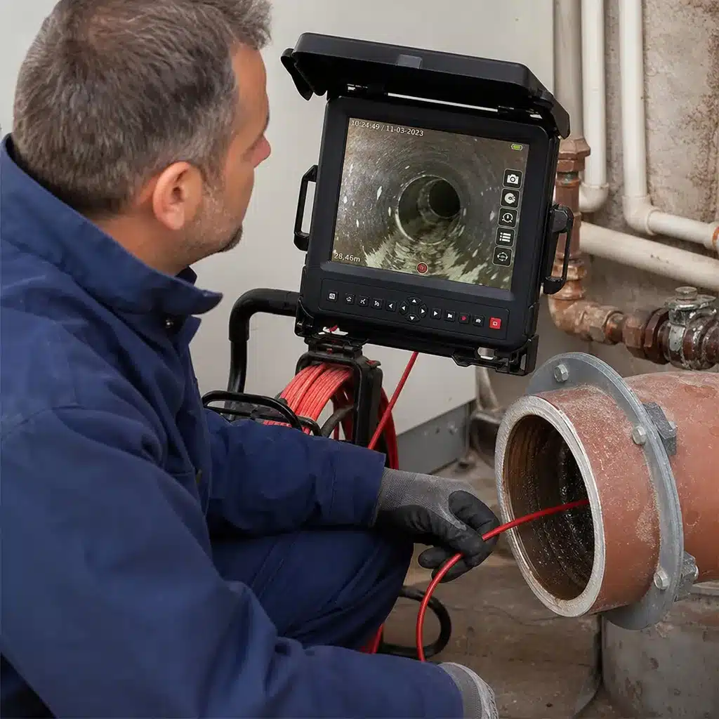 Expert realisant une inspection video d une canalisation