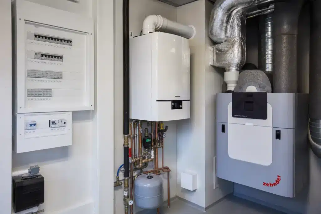 tableau electrique, chaudiere gaz et ventilation dans un local technique
