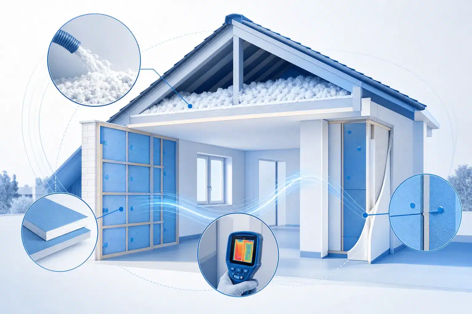 Isolation thermique de combles et de murs avec panneaux isolants et isolant souffle