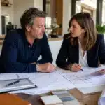 Maitre d'ouvrage examinant des plans de renovation et des contrats avec un architecte