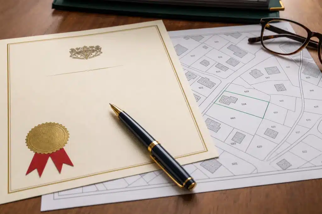 titre de propriete et plan cadastral sur un bureau