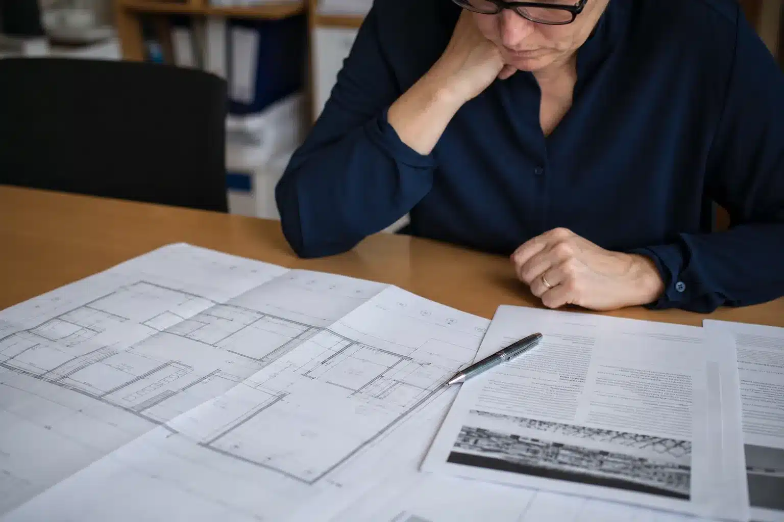 Acquéreur consultant la notice descriptive et les plans d'un logement en VEFA