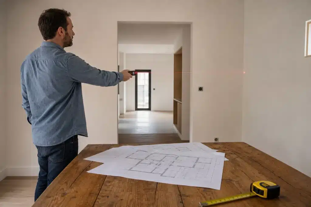 expert mesurant les surfaces d un logement avec des plans