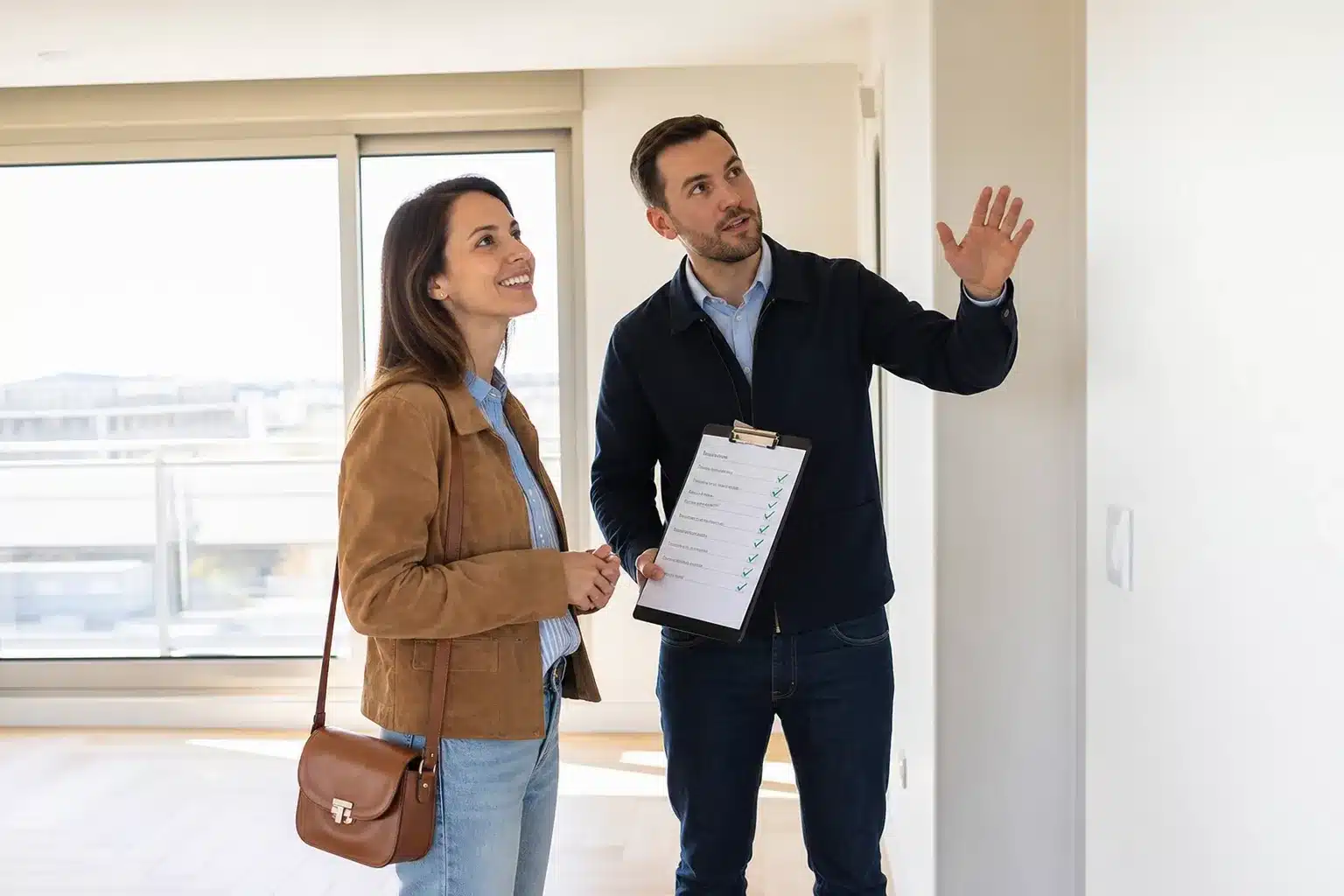 Acquéreuse et expert vérifiant la levée des réserves et la bonne exécution des reprises dans un logement VEFA