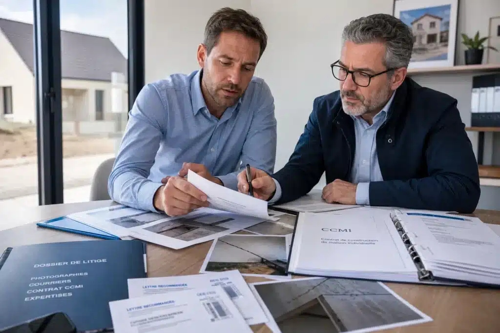 Maitre d'ouvrage et expert constituant un dossier de preuves et de recours pour un litige de construction en CCMI