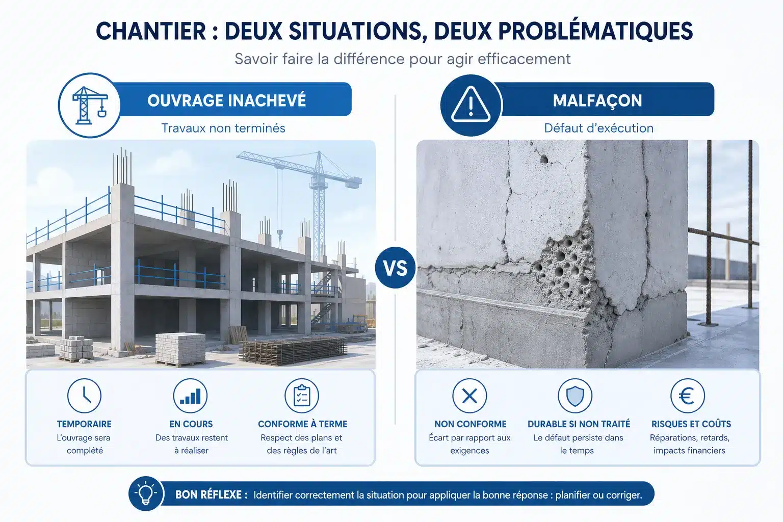 Comparaison entre une malfacon et un ouvrage inacheve en cours de chantier