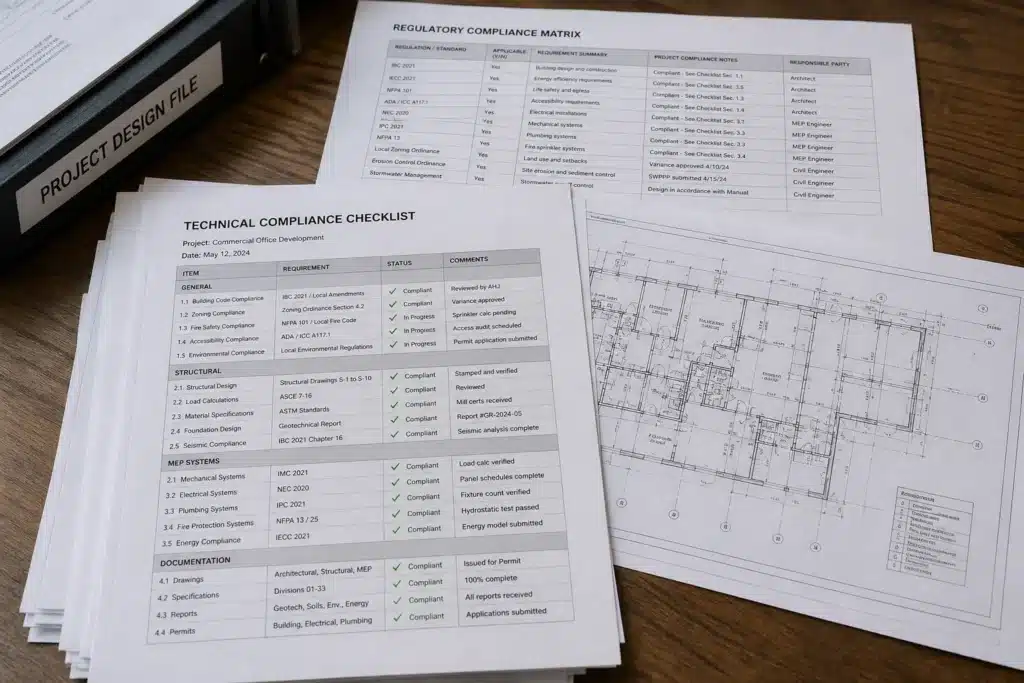 matrice reglementaire et dossier de conception sur un bureau