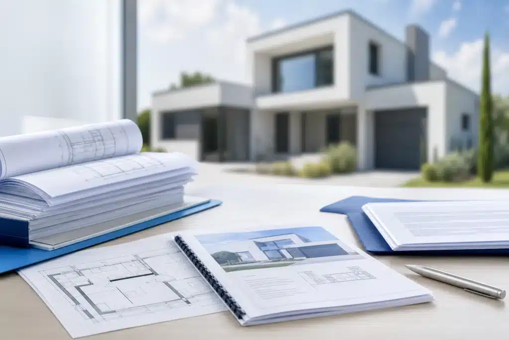 Dossier de plans, notice descriptive et documents contractuels d'un CCMI posés sur un bureau, avec une maison individuelle en arrière-plan