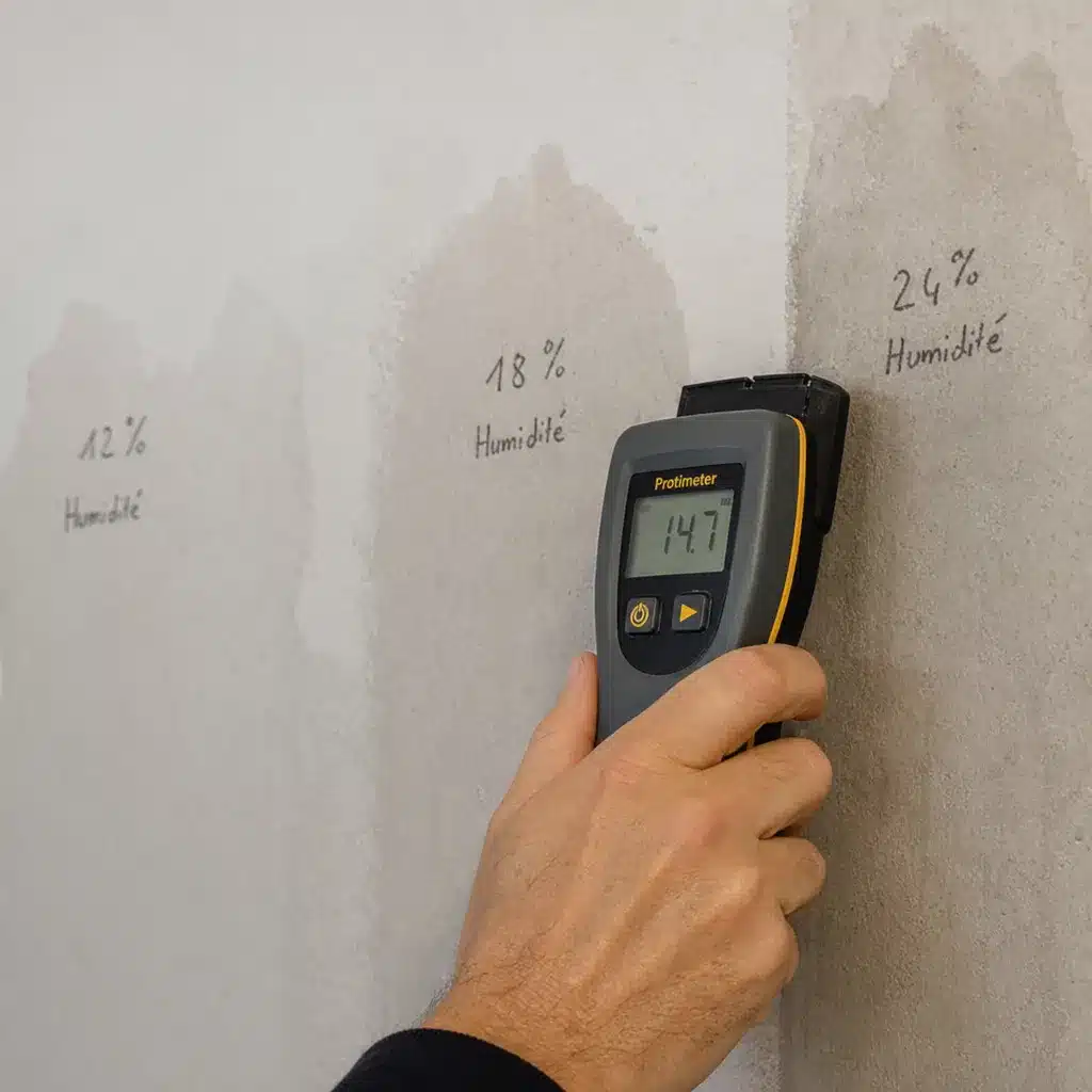 Mesure comparative d humidite avec un humidimetre sur un mur