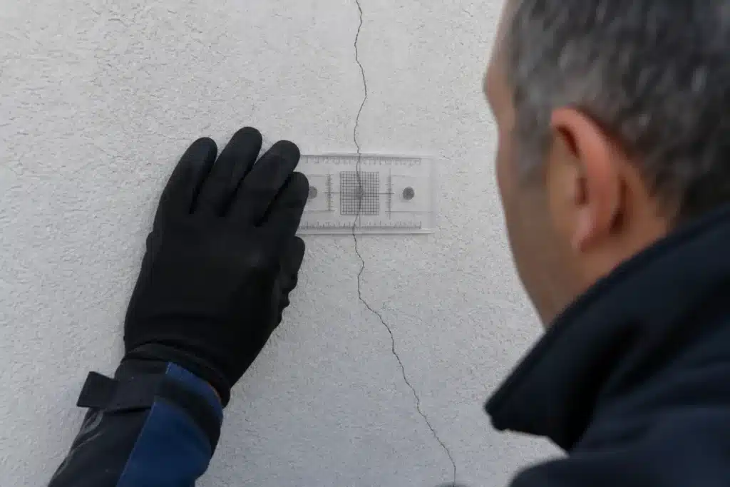 mesure d'une fissure avec un fissurometre lors d'un diagnostic