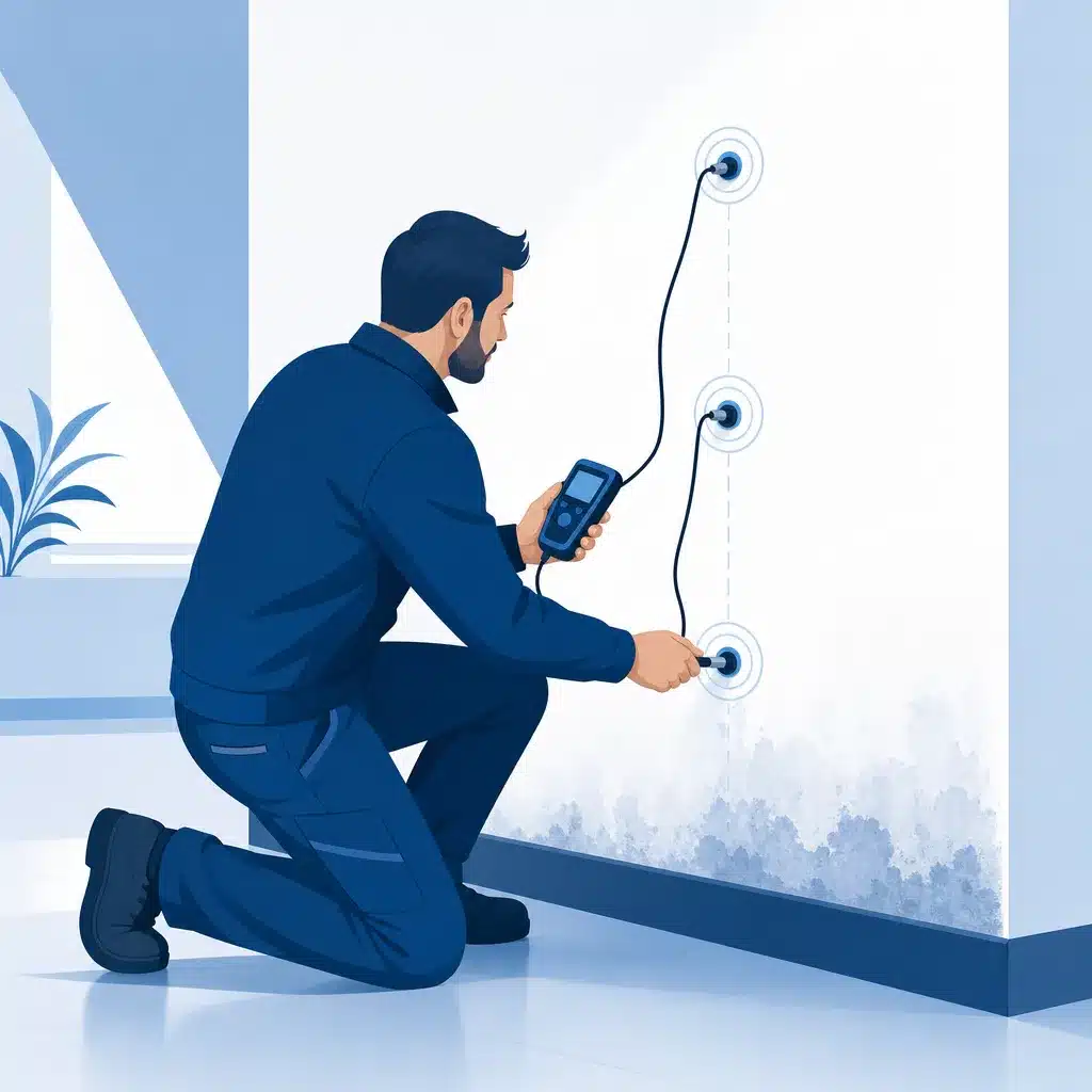 Expert mesurant l humidite a differentes hauteurs sur un mur