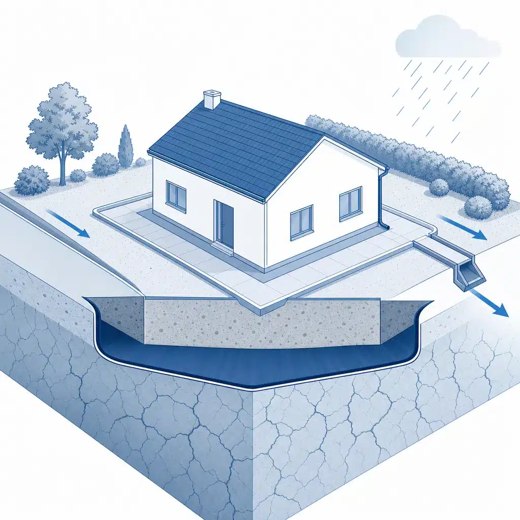 Schema de mesures horizontales trottoir peripherique et gestion des eaux autour d une maison