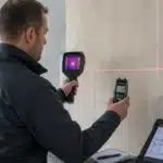 Expert utilisant des instruments de mesure non destructifs sur un batiment