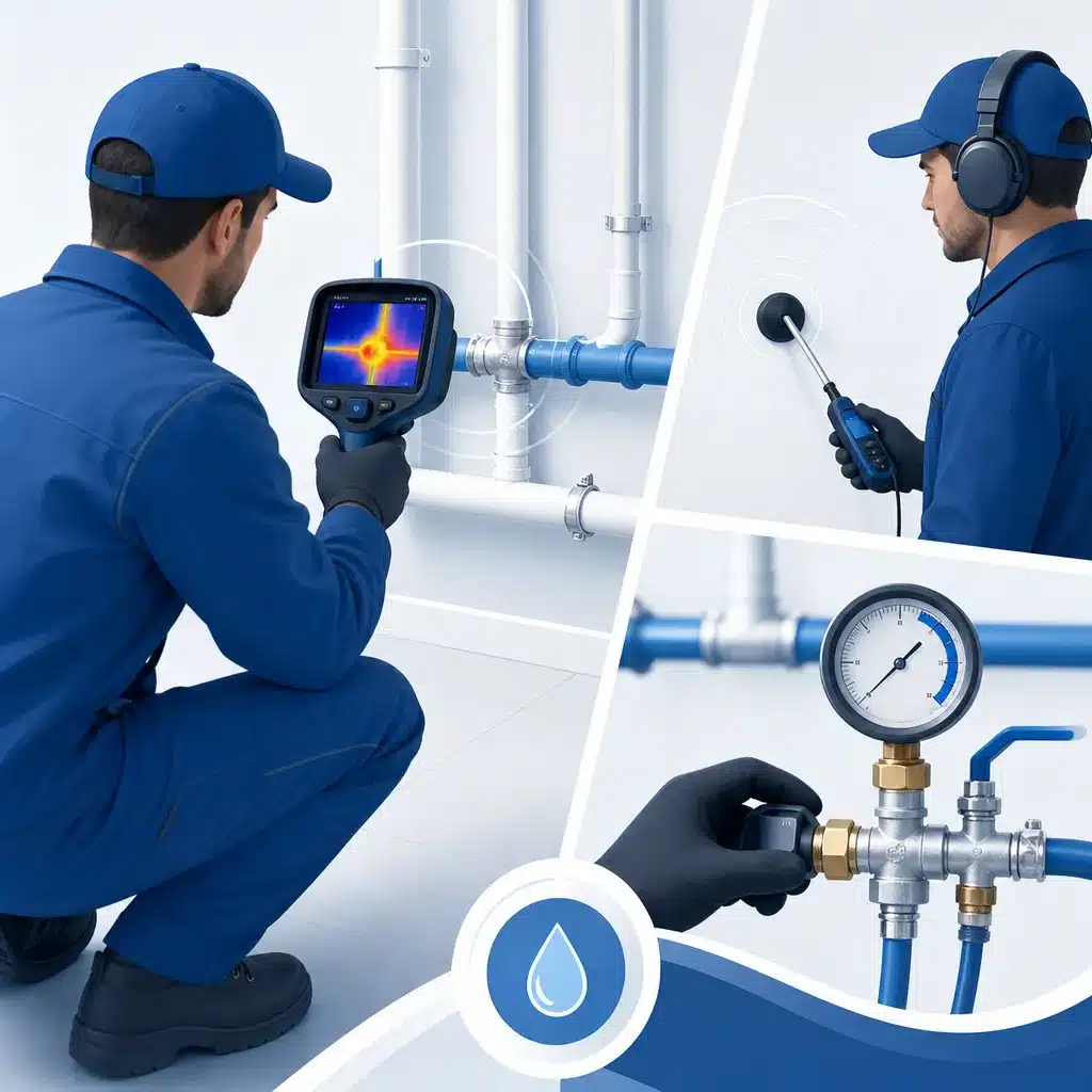 Technicien recherchant une fuite avec camera thermique capteur acoustique et manometre