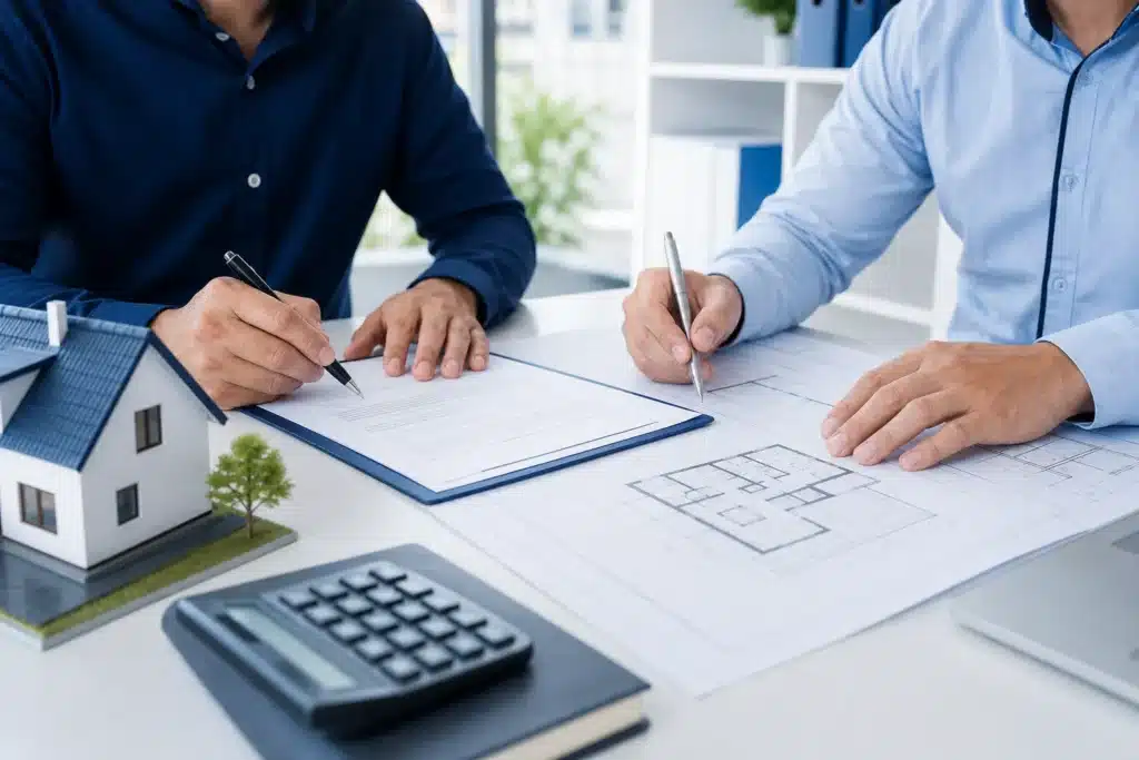 Maître d'ouvrage et constructeur signant un avenant au CCMI sur des plans de maison modifiés avec calculatrice et documents