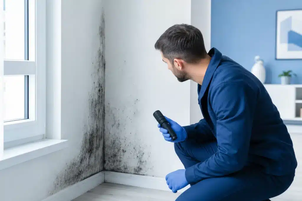 Mur interieur avec taches de moisissure examine par un technicien
