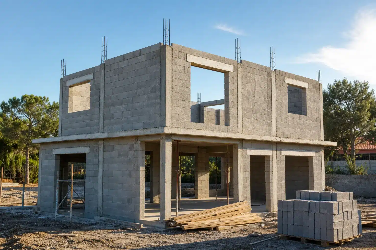 Murs en parpaings, chaînages et plancher d'une maison individuelle en cours de gros oeuvre en CCMI