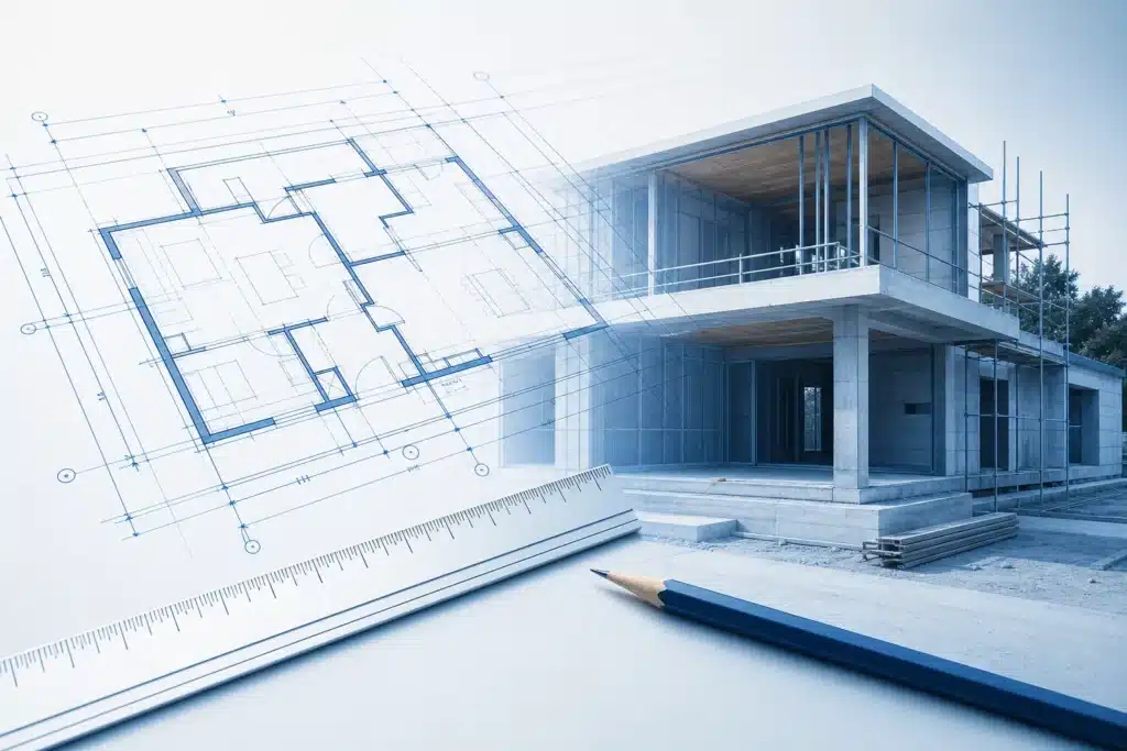 Plan d architecte compare a une construction pour verifier la conformite contractuelle de l ouvrage
