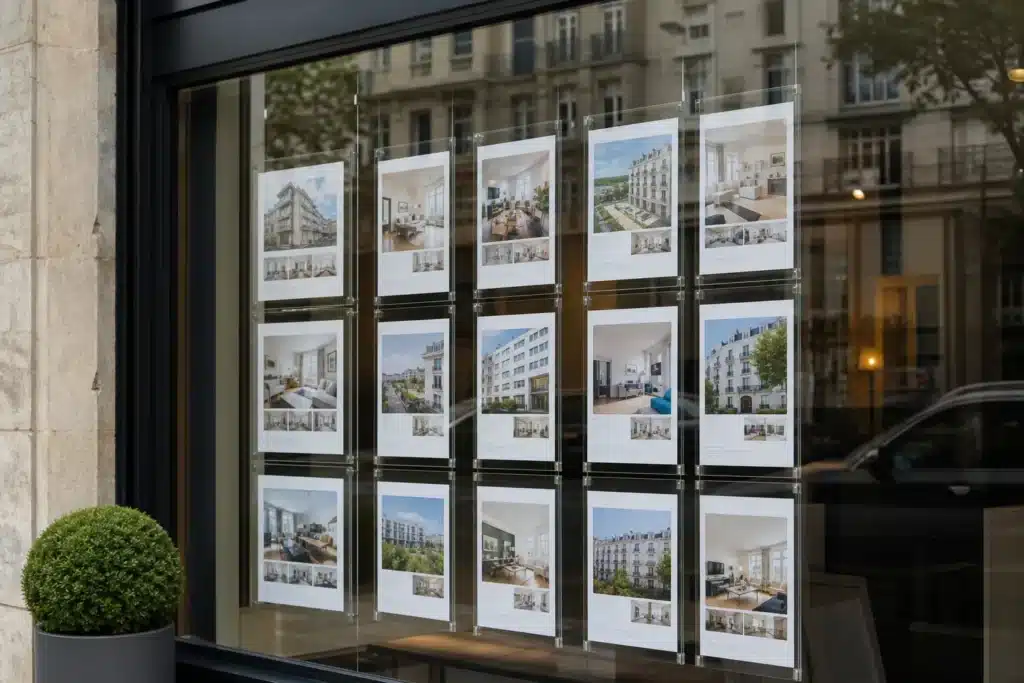 vitrine d agence immobiliere presentant des annonces de biens a vendre