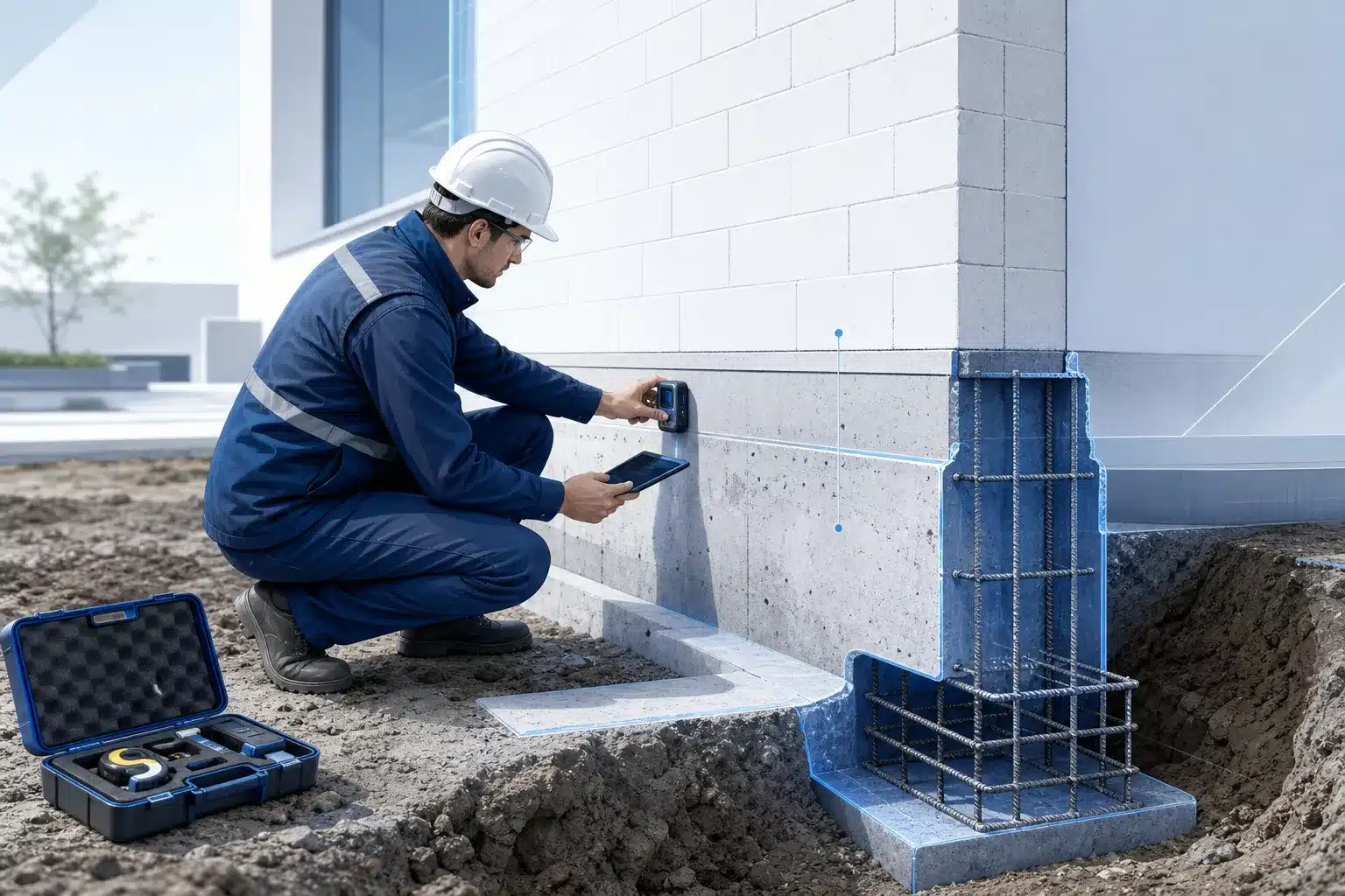 Expert inspectant des fondations et un mur porteur origine d une pathologie