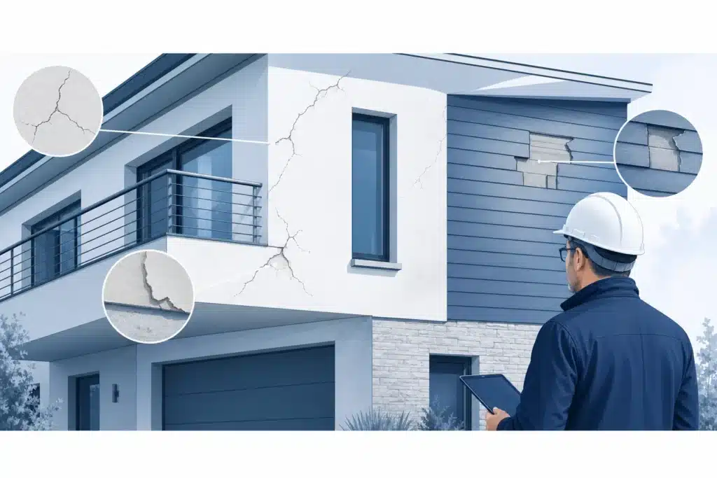 Facade de maison avec enduit fissure et bardage inspectee par un expert du batiment
