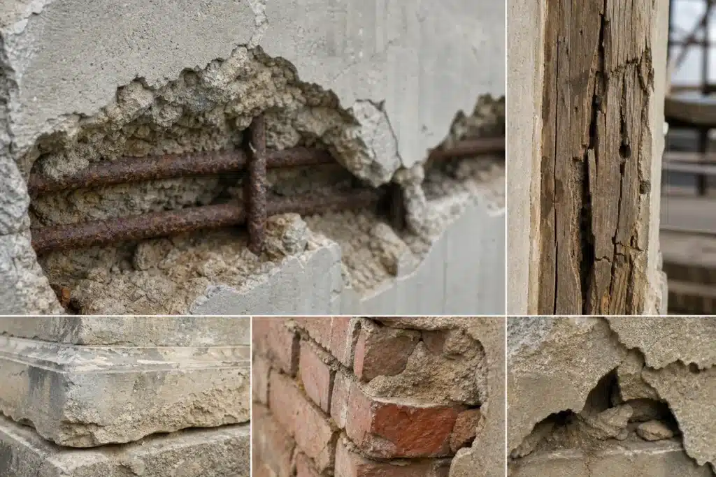 Materiaux de construction degrades : beton fissure, armatures corrodees, bois et pierre alteres