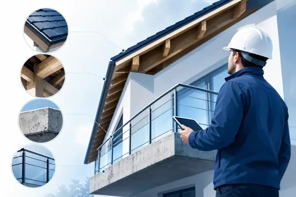 Inspection technique d une toiture et d un balcon avec charpente et garde-corps par un expert