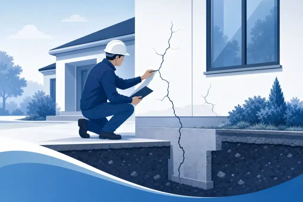Expert en batiment inspectant des fissures structurelles sur une maison individuelle