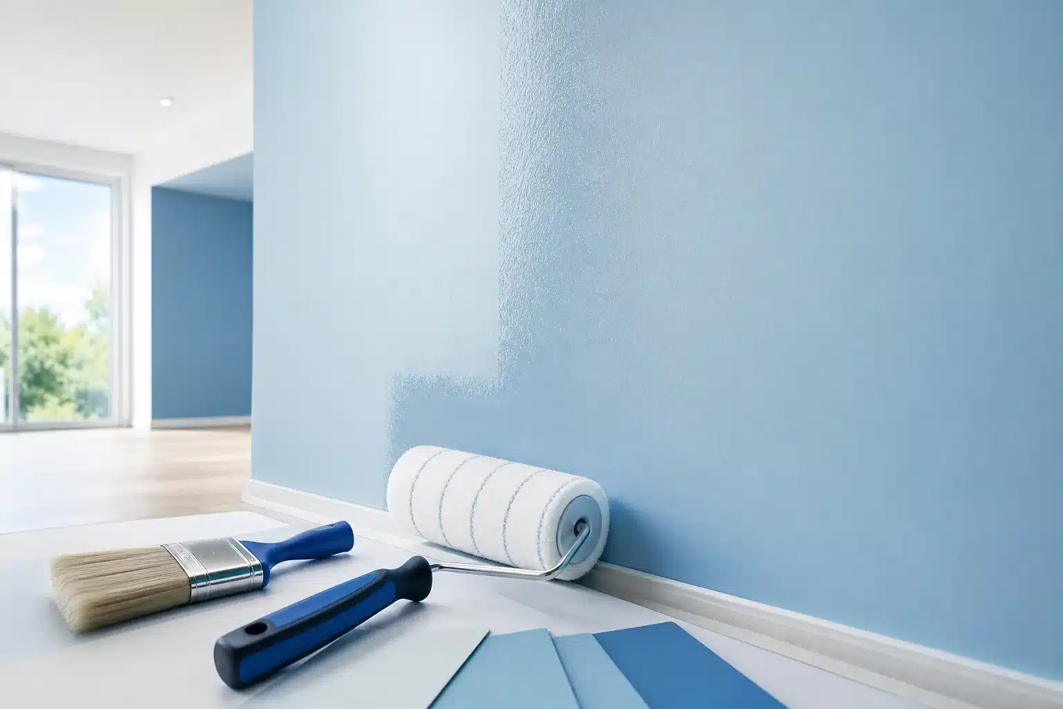 Mur interieur peint et enduit dans un logement neuf