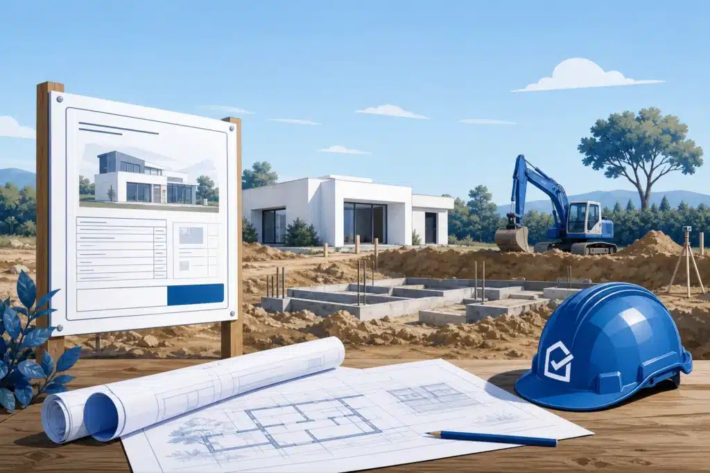 Chantier de maison individuelle en CCMI avec panneau de permis de construire affiche et debut des fondations