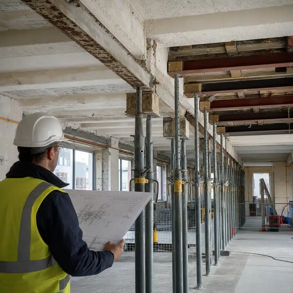 Plancher etaye pendant la reprise d une poutre avec plan de phasage consulte par un ingenieur