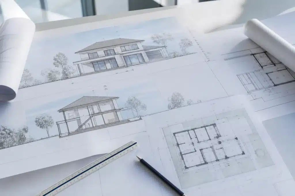 Plans d'architecte avec élévations, coupes et niveaux annexés au contrat de construction de maison individuelle
