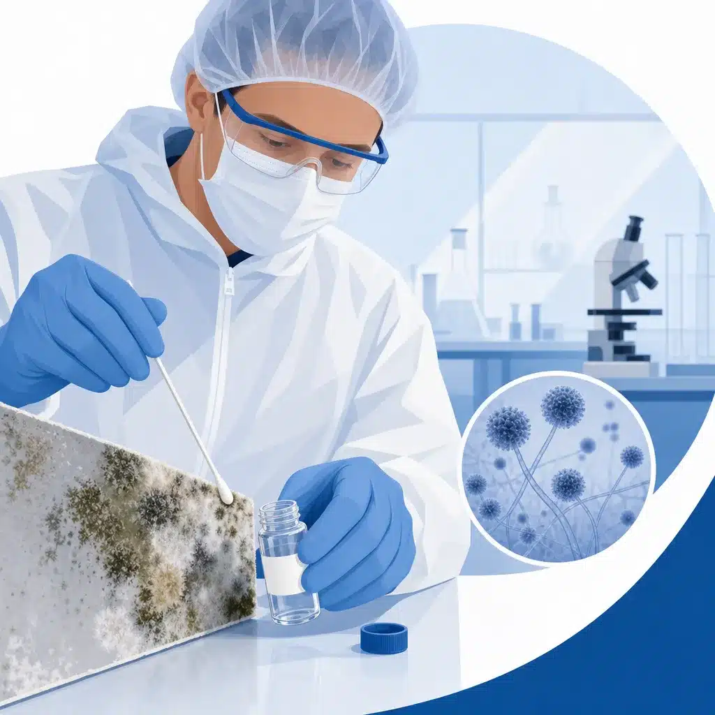 Technicien en gants prelevant un echantillon de champignon pour analyse en laboratoire