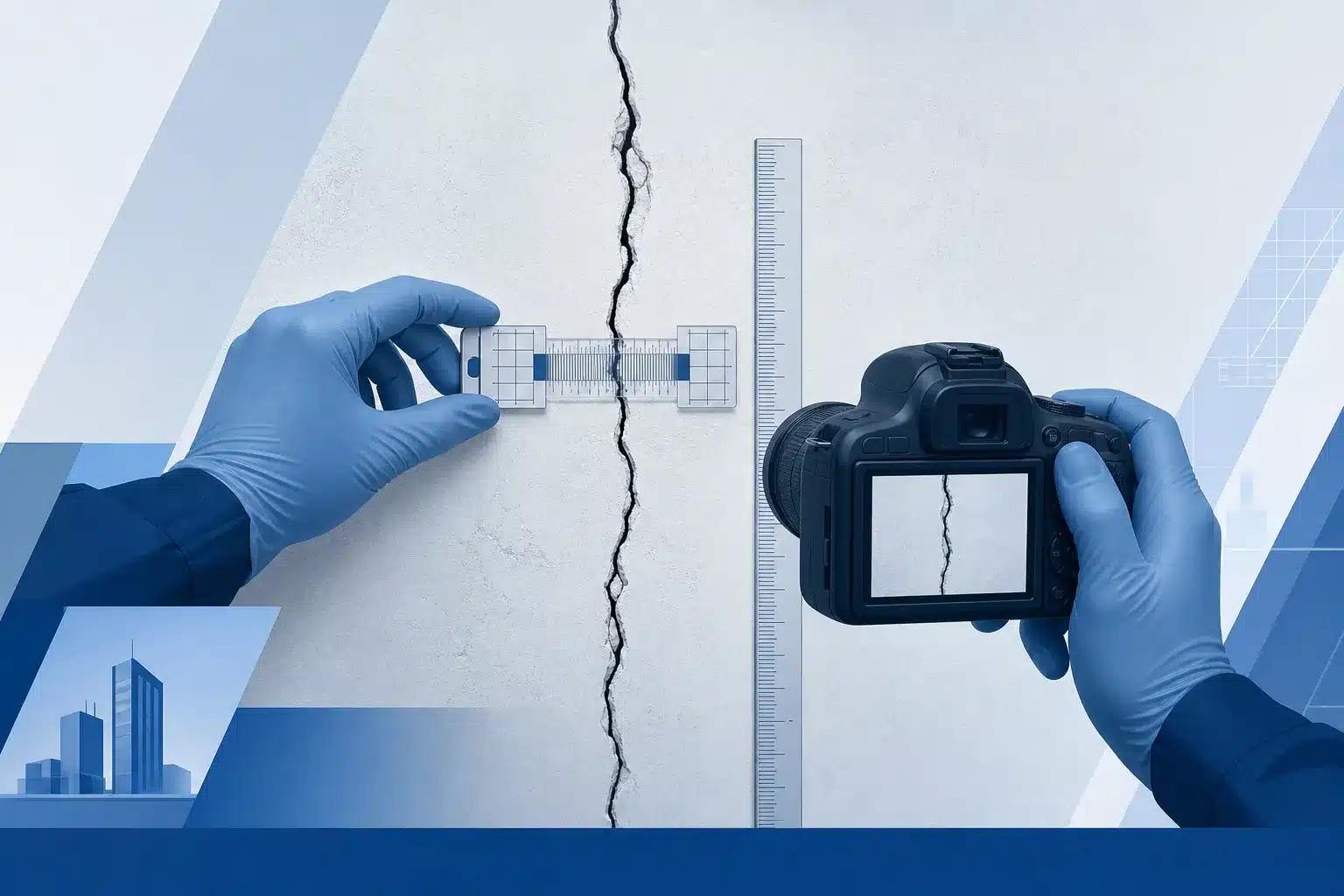Documentation d une fissure avec fissurometre regle et appareil photo