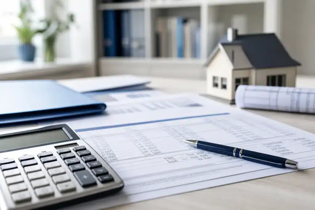 Calculatrice et devis détaillé illustrant le prix convenu et le chiffrage des travaux réservés d'un CCMI