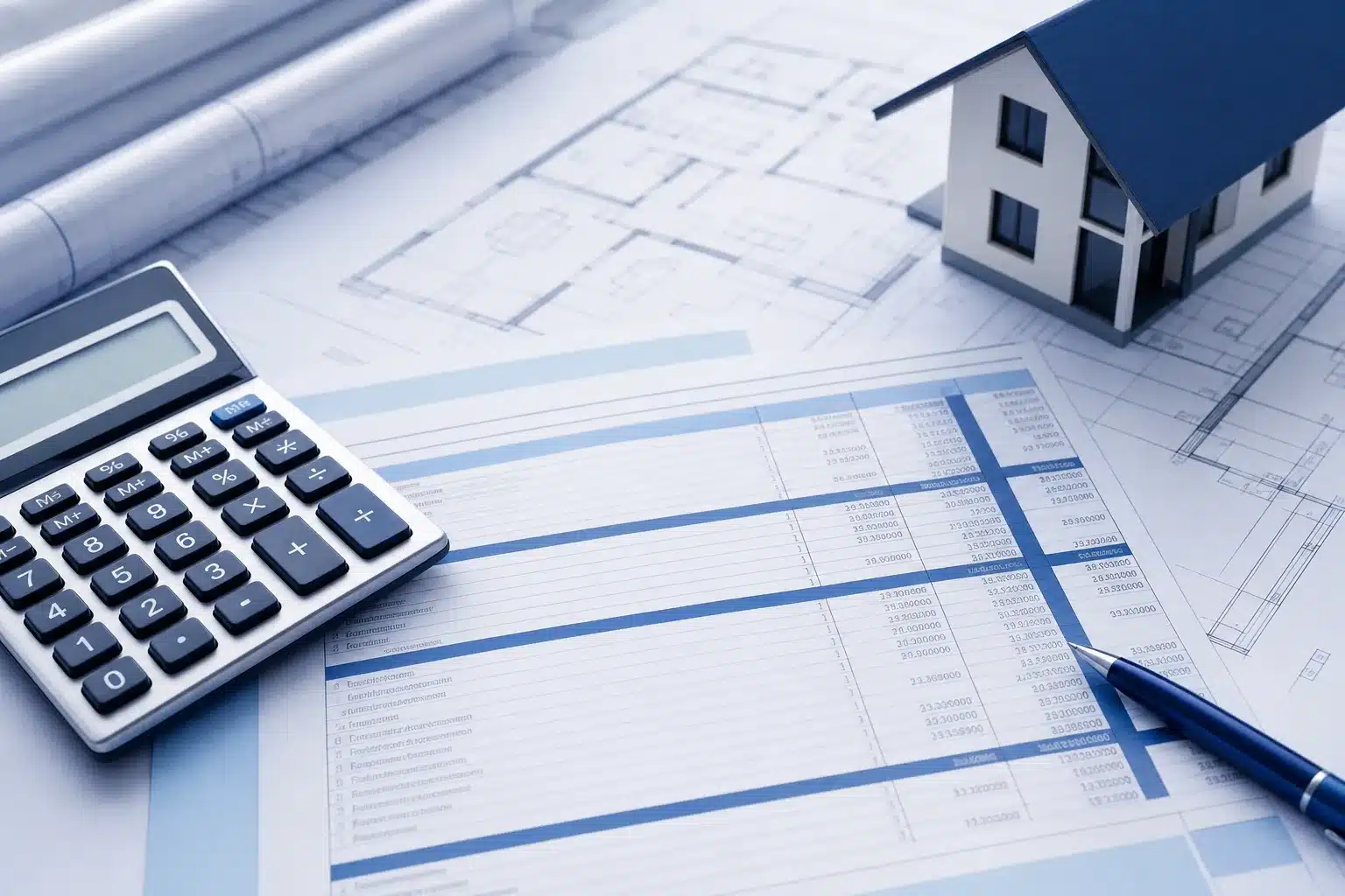Calculatrice, devis détaillé et plans de maison sur un bureau symbolisant le chiffrage d'une plus-value de travaux en CCMI