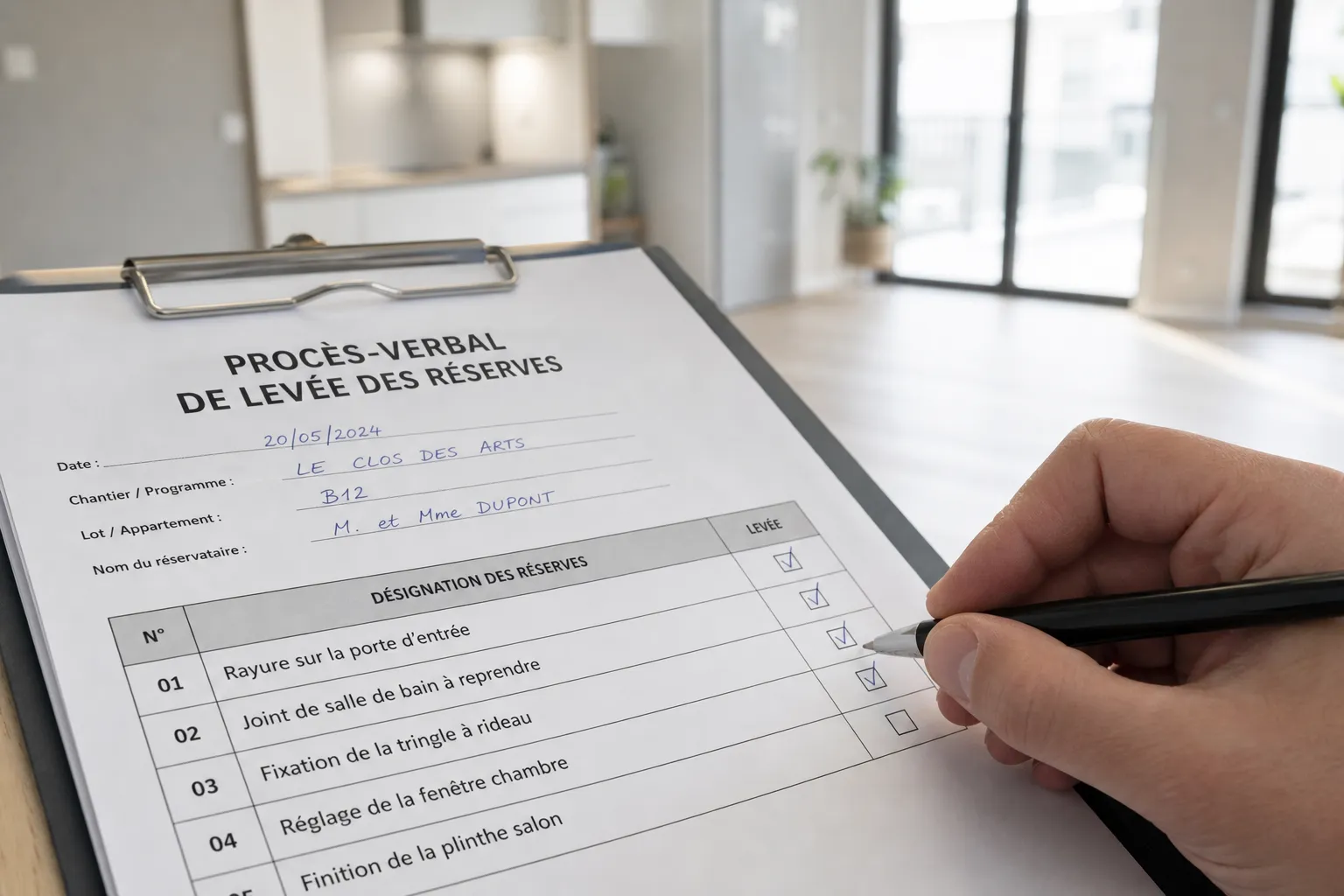 Procès-verbal de levée des réserves et tableau de suivi numéroté d'un logement VEFA en cours de signature