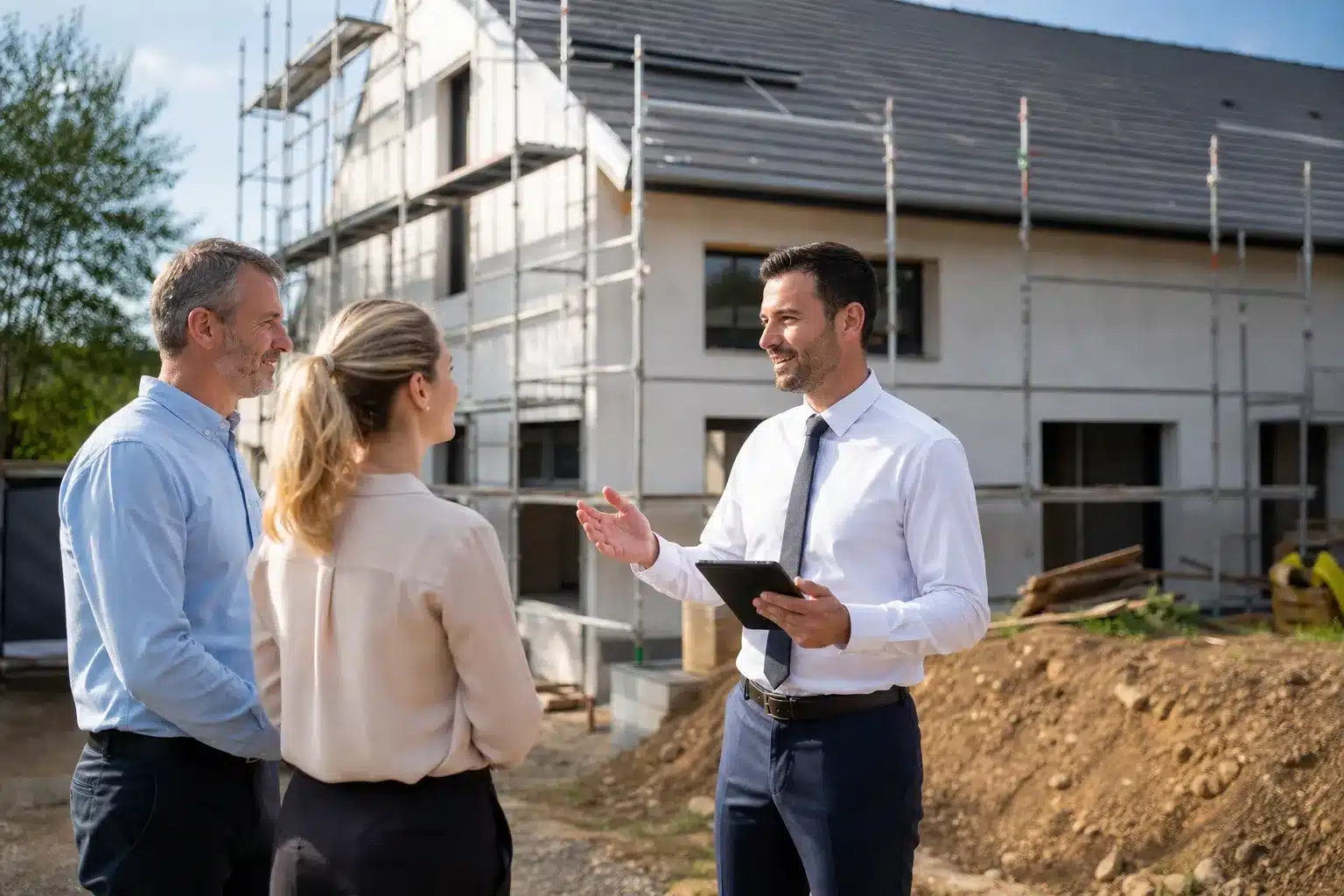 Expert en bâtiment conseillant un couple de maîtres d'ouvrage devant leur maison individuelle en construction sous CCMI