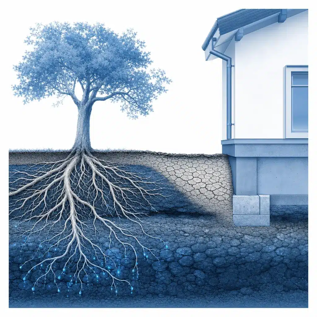 Racines d'un arbre dessechant un sol argileux pres des fondations