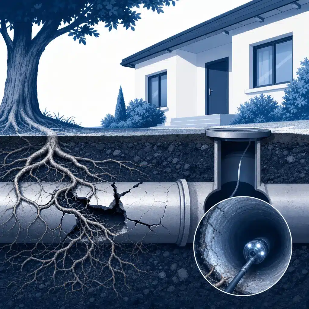 Racines penetrant dans une canalisation enterree fissuree