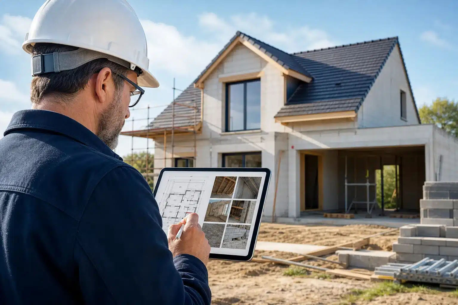 Expert en batiment redigeant un rapport de visite de chantier de maison individuelle en CCMI