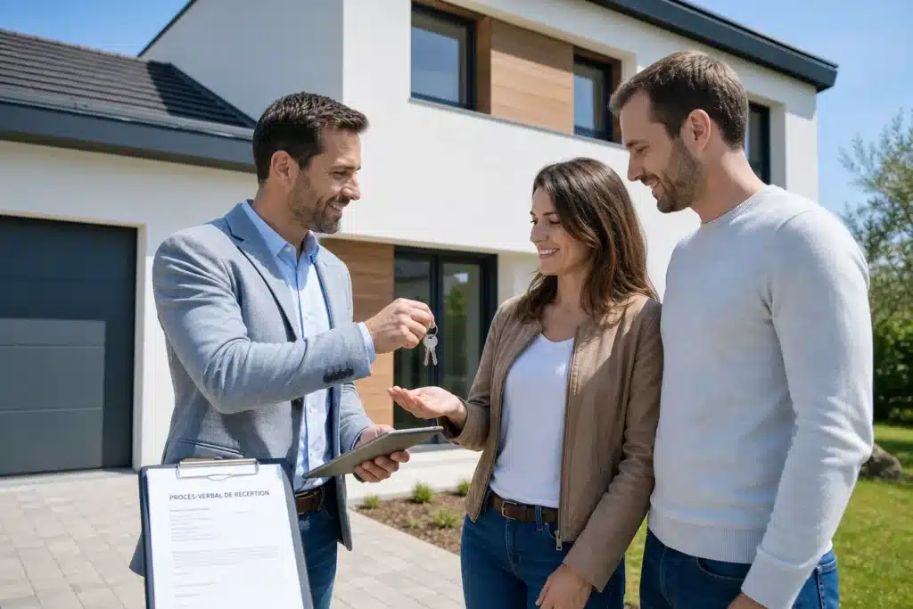 Réception d'une maison neuve en CCMI avec un expert en bâtiment, procès-verbal, réserves et remise des clés