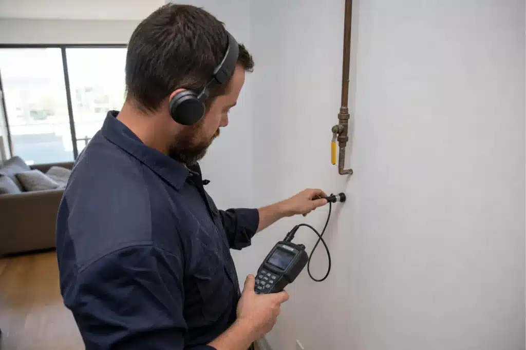 technicien effectuant une recherche de fuite dans un logement