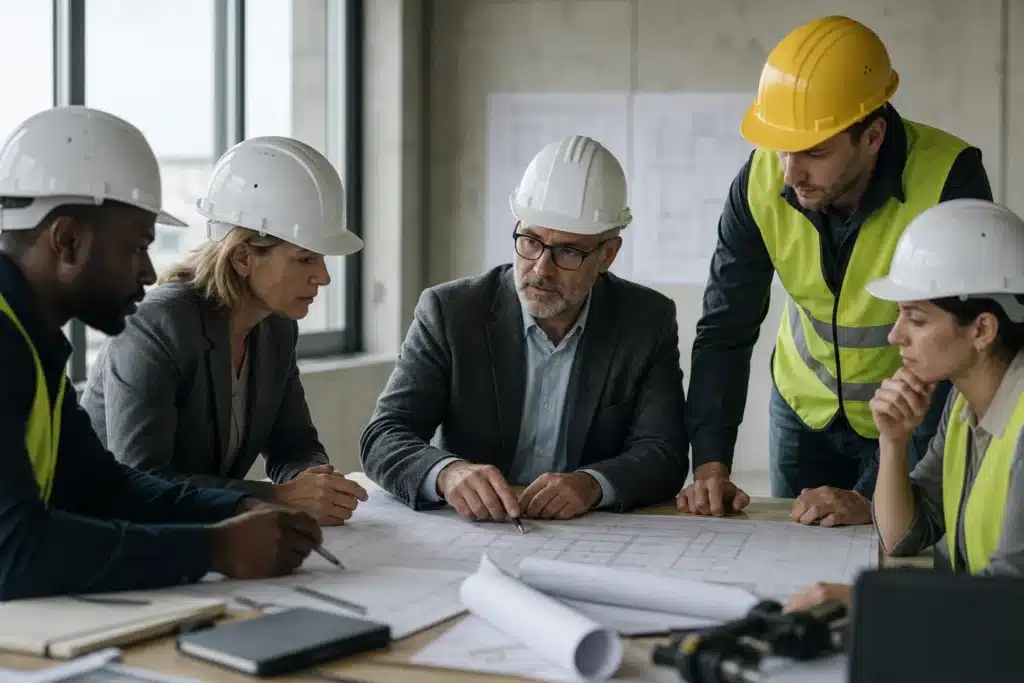 Expert analysant des plans et un rapport avec les intervenants du chantier